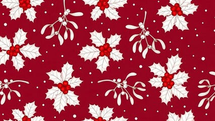 Festive Christmas Pattern with Holly and Mistletoe on Red Background.