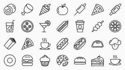 A comprehensive collection of 100 thin stroke line icons covering a wide variety of food items, perfect for culinary blogs and restaurant menus.