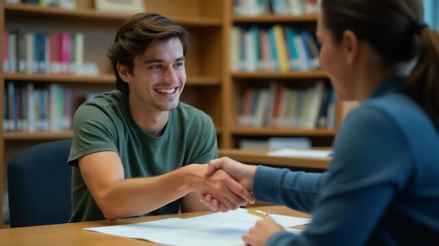 Video A personable moment between two people in a quiet, studious environment