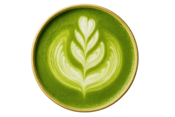 Delicious green matcha tea latte art in a cup on transparent background.