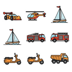 Colorful flat design vector icons of various transportation vehicles: race car, helicopter, sailboats, fire trucks, scooters, dump truck.