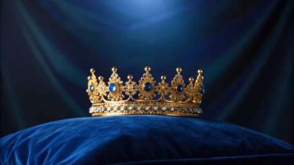 A crown rests on a blue cushion, representing victory and honor. The setting shows a space where competitions take place and people are recognized for their achievements