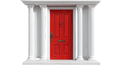 Red elegant front door framed by two decorative pillars showcasing classic architectural style on white background