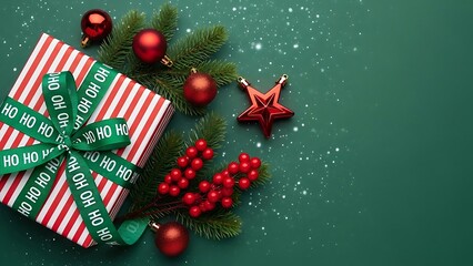 Christmas gift box with red and white stripes and ho ho ho ribbon