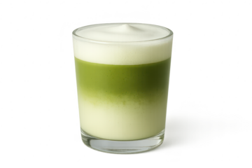 Refreshing matcha latte drink with creamy foam layer on a transparent background