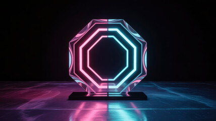A trophy stands prominently in a dark background. Neon lights create a colorful glow around the trophy. This scene marks a moment of celebration for an achievement at an event