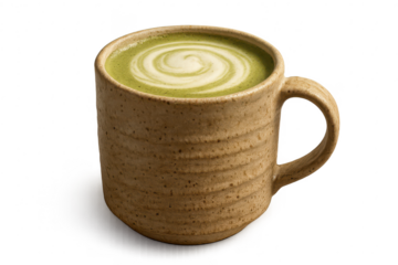 Matcha latte in textured ceramic mug with artistic swirl, transparent background