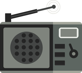 Vintage portable radio with extended antenna, simple design, gray color scheme, classic communication device.