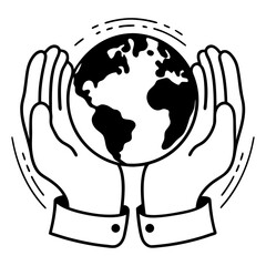 Black outline hands surrounding globe with continents, environmental Earth protection concept, eco sustainability symbol, isolated on white background