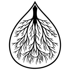 Black vector leaf with detailed root system forming an organic natural pattern inside the shape, minimal botanical eco symbol, isolated on white background