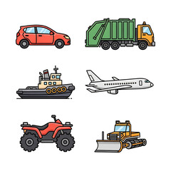 Colorful cartoon transportation vehicles set, including car, truck, boat, plane, ATV, and bulldozer icons.