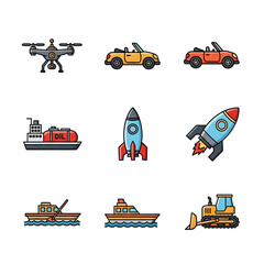 Colorful Cartoon Transport Icons: Drone, Cars, Ships, Rockets, Boats, and Bulldozer