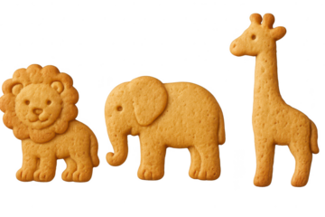 Golden animal crackers: lion, elephant, giraffe, on a transparent background.