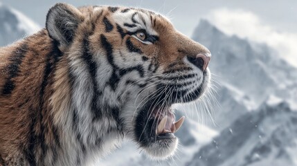 Tiger Roaring in Snow with Mountain Background