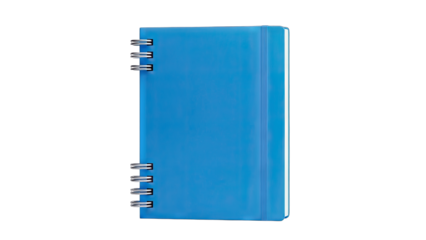 Blue Notebook with Spiral Binding and Elastic Band on White Background