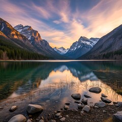 Tranquil Lake Reflection of Majestic Mountains at Sunset in National Park.
