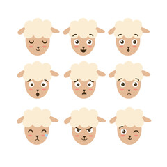 Cute set of cartoon sheep faces with different emotions. Adorable farm animal icon expressing happiness, sadness, anger, and surprise. Sweet vector avatar collection.