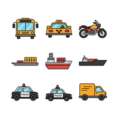 Flat design transport vehicle icons: bus, taxi, motorcycle, cargo ships, police cars, and delivery truck on white
