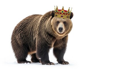 Obraz premium bear wearing an ornate crown, queen or king crown, on a white background, animal photo
