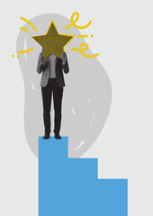 Halftone graphic collage of business person with large star representing quality service and customer review