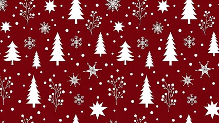 Festive Christmas Pattern with Trees, Snowflakes, and Berries on Red Background.