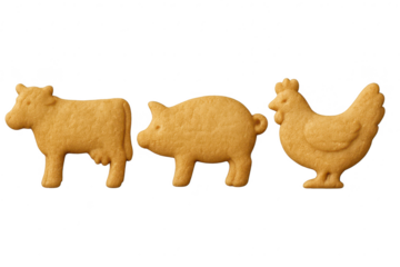 Delicious animal-shaped biscuits: cow, pig, chicken on a transparent background.