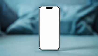 Modern smartphone with blank screen is positioned on surface, surrounded by soft, blurred bedding in background. sleek design and minimalistic appearance evoke sense of technology and simplicity