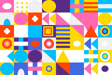 Colorful geometric shapes pattern with circles, squares, and triangles on white