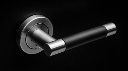 Modern stainless steel door handle with black detail on dark background close up