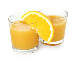 Glass of fresh orange juice with fruit slice isolated on white
