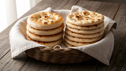 Traditional flatbreads in a natural woven basket on wood.