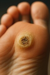 Fototapeta premium Macro closeup of plantar wart on sole of foot, detailed medical texture highlighting viral skin infection, callus and need for podiatry treatment.