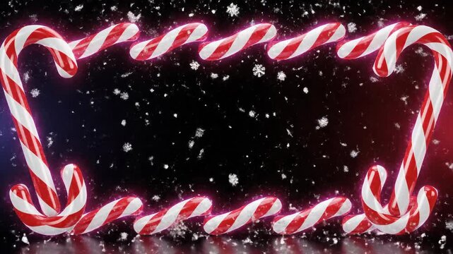 Candy Cane Frame with Falling Snowflakes on Dark Background.