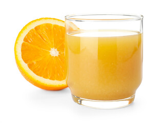 Fresh orange juice in glass and fruit slice isolated on white