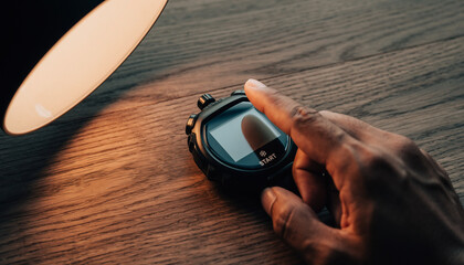 Desk Decision. Fitness Resolutions - New Beginnings & Fresh Start. An unrecognizable man's hand pressing the 'start' button on a sleek stopwatch set on a clear uncluttered wooden desk.

