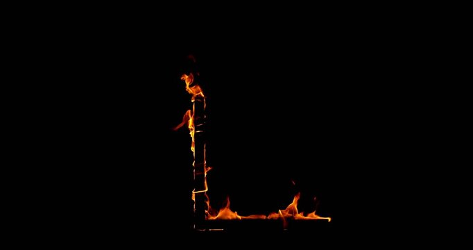 shot of a burning wooden beam in L shape isolated on a black background. Detailed fire textures ideal for VFX, compositing, overlays, motion graphics, and cinematic effects.