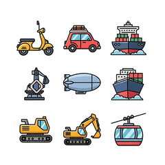 Flat Design Transportation and Construction Vehicle Icons: Scooter, Car, Ship, Excavator, Blimp, Cable Car