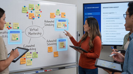 AI assisted brainstorm concept. Virtual mentorship automated scheduling brainstorming session collaborative discussion educational tools