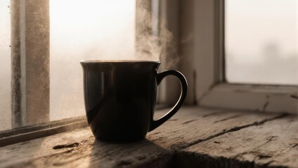 Steaming Coffee Cup on Weathered Windowsill at Sunrise.