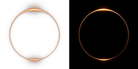 Radiant gold 3D light ring with intense lens flare effect. Premium abstract circle frame for awards, luxury borders, solar eclipses, and vip design elements with bright beam energy. © Iryna
