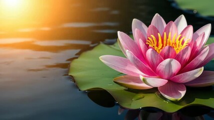 Radiant Lotus in Tranquil Waters: A captivating pink lotus flower blooms gracefully atop a serene water surface, illuminated by the sun's gentle rays, evoking a sense of calm and beauty.