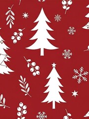 Obraz premium Festive Christmas Pattern with White Trees and Snowflakes on Red.