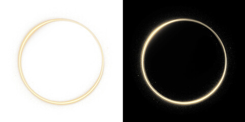 Golden glowing 3D ring frame with glittering dust particles. Luxurious abstract circle element for wedding invitations, Christmas borders, magic portals, and premium holiday designs. © Iryna