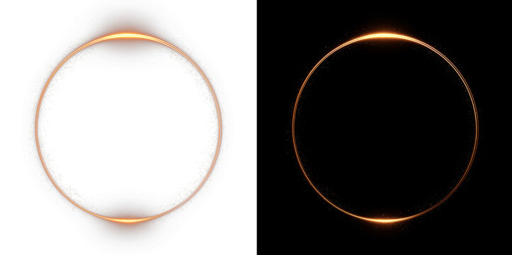 Radiant gold 3D light ring with intense lens flare effect. Premium abstract circle frame for awards, luxury borders, solar eclipses, and vip design elements with bright beam energy.