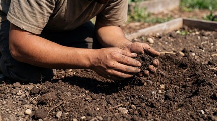 A focused individual tenderly examines rich, fertile soil, representing the essence of cultivation and the profound connection between human and nature.