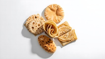 Assortment of various traditional flatbreads and baked goods on white background.