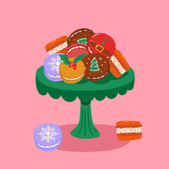 Christmas dessert stand with assorted holiday macarons. Cute winter sweets illustration perfect for bakery branding, festive cards, and seasonal advertising.