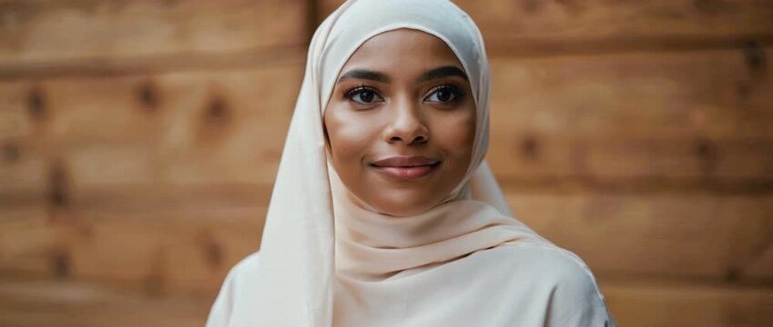Radiant Portrait: A young woman in a hijab, radiates serenity with her gentle eyes and serene expression, embodying cultural grace and inner peace.