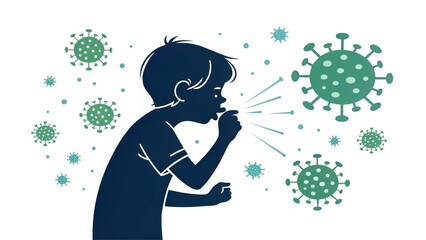 A child is shown coughing while surrounded by illustrations of virus particles. This represents the spread of measles and highlights its contagious nature and effects on health