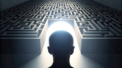 A person stands before a maze, focusing on a bright light ahead. This scene symbolizes the journey of self-discovery and mental health improvement through mindfulness